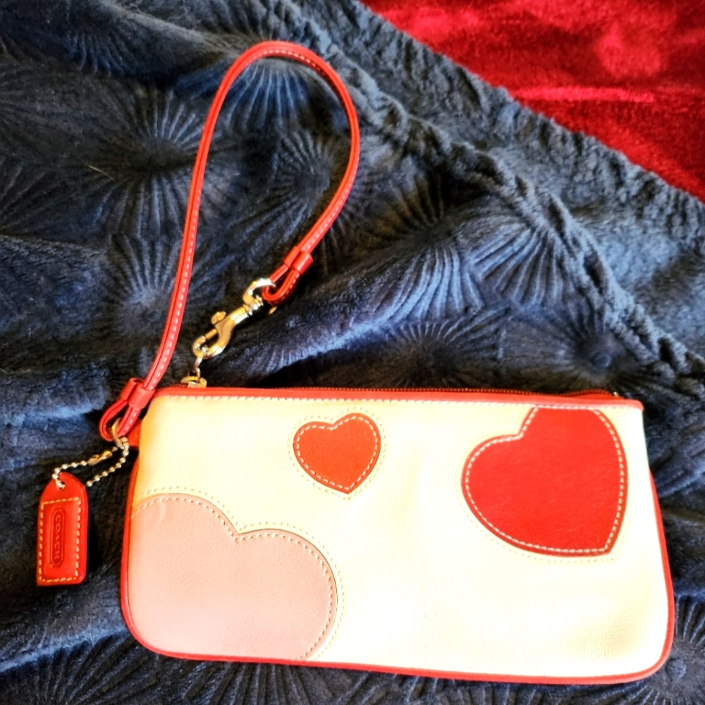 Coach white pink red heart Valentine’s wristlet